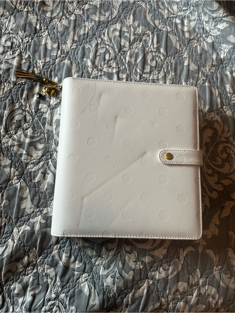 White Embossed Polka Dot Planner with Tassel Charm